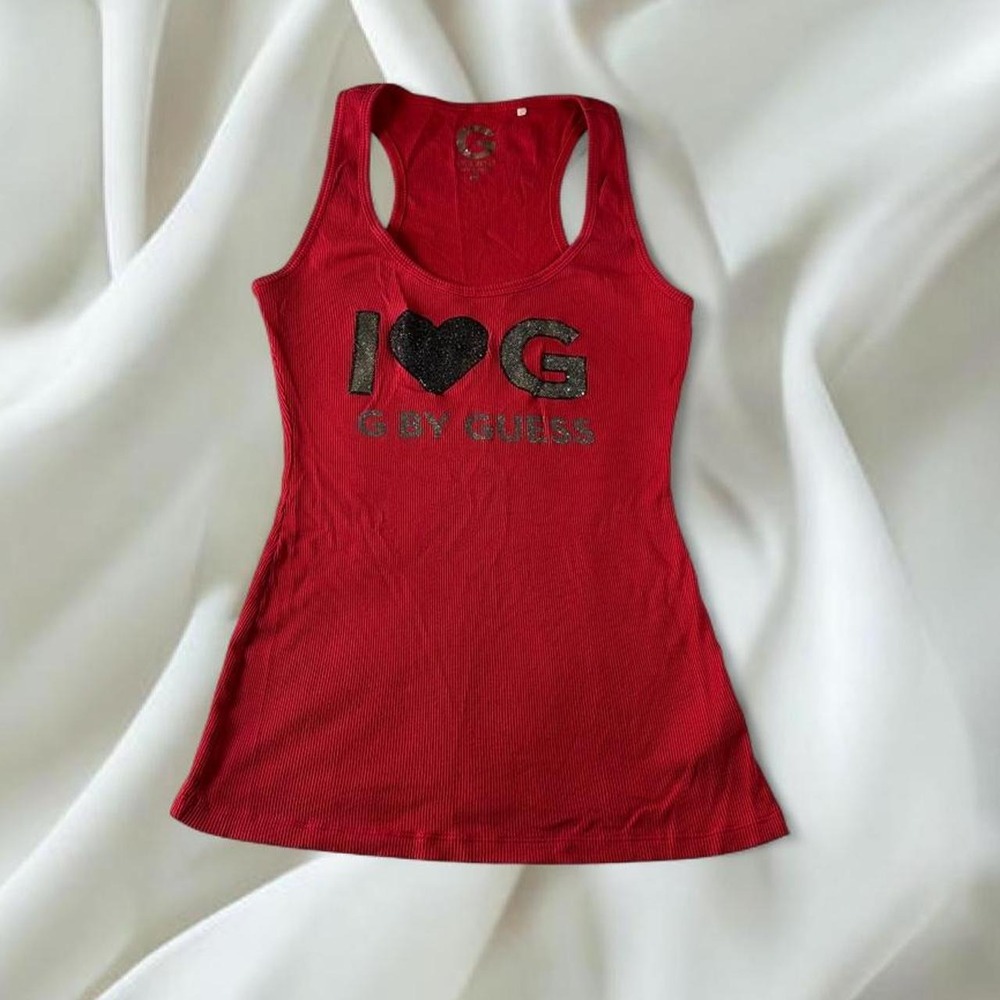 Guess red silver "I ❤️ Guess" glittery graphic racerback tank top y2k mcbling